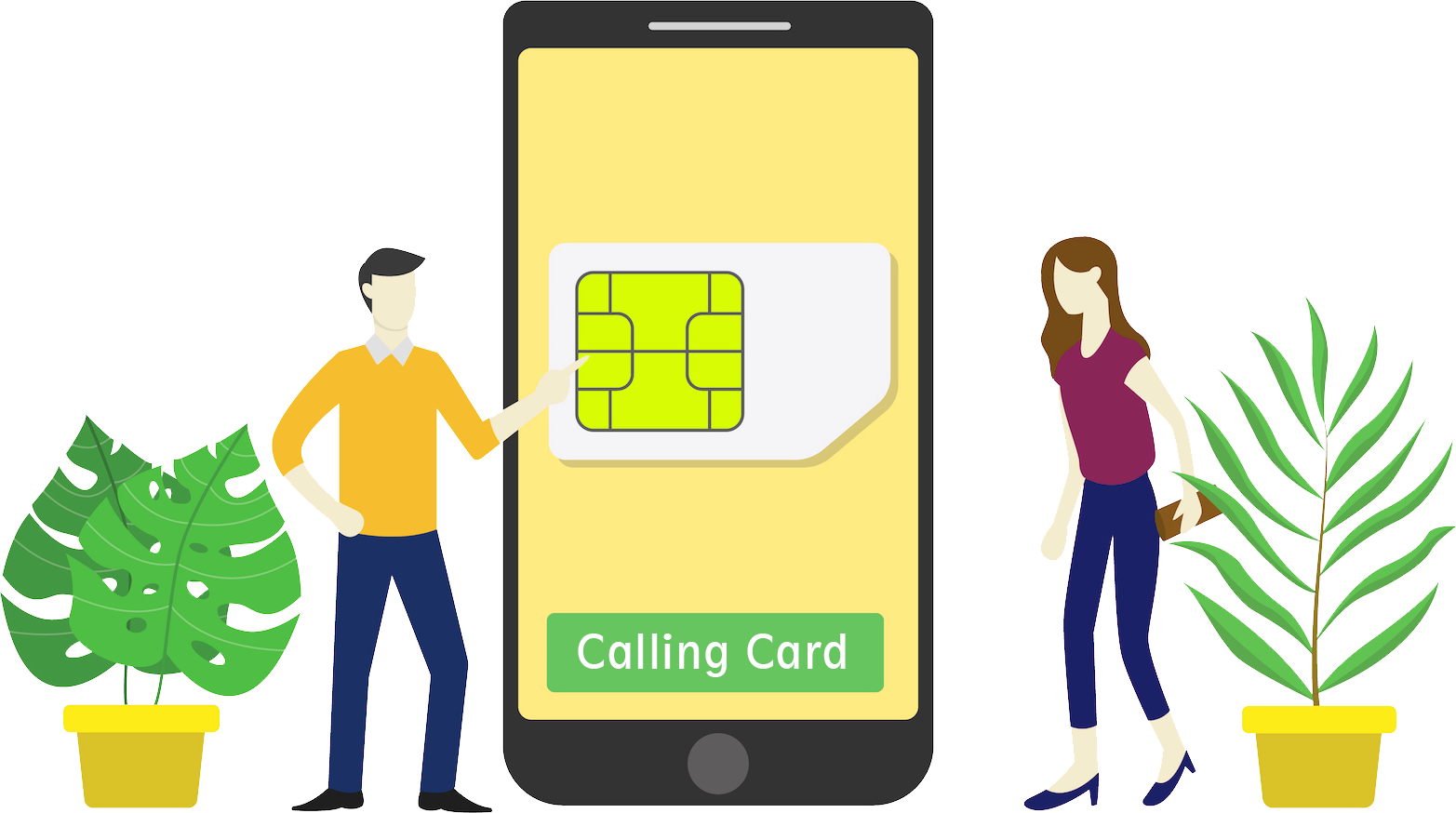 Call card. People with SIM Cards.