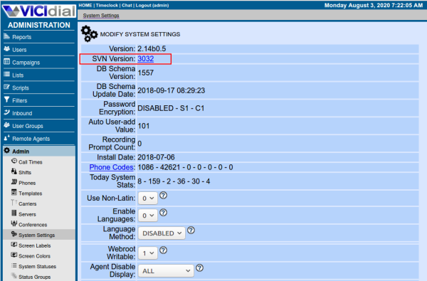 VICIdial system settings interface displaying the SVN version information used to verify the installed software version for upgrades, maintenance, and compatibility checks.