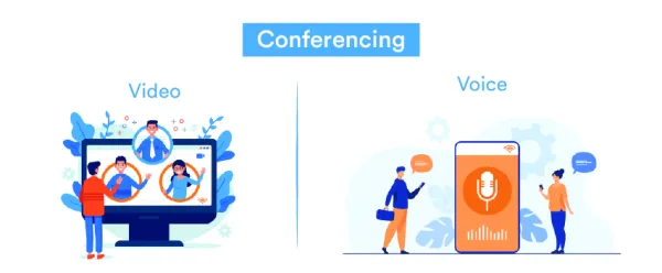 Conferencing with video and voice communication, illustrating unified business collaboration through virtual meetings and audio conferencing solutions.