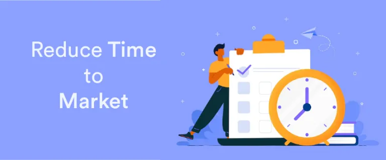 Reduce Time to Market with React Native app development, illustrated by a checklist and clock representing faster cross-platform application delivery.