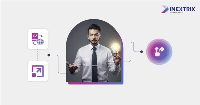 Professional man holding a glowing light bulb, surrounded by connected technology icons, representing innovative VoIP and telecom solutions by Inextrix.